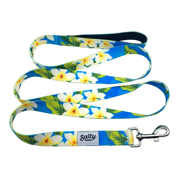 Hawaiian Print Dog Leash Tropical Blue Floral 6' Length Neoprene Lined Handle