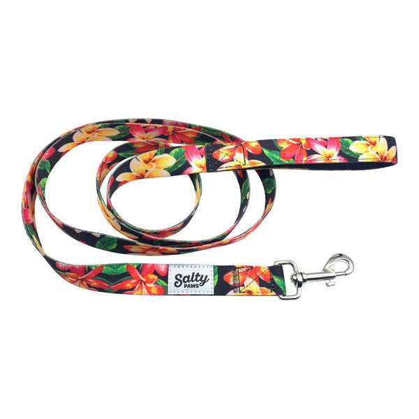 Hawaiian Print Dog Leash Tropical Black Floral  6' Length Neoprene Lined Handle