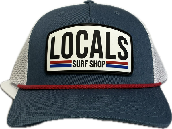 LOCALS LAMINATE RUBBER STAMP 5 PANEL CURVED BRIM SNAPBACK TRUCKER RED WHITE BLUE