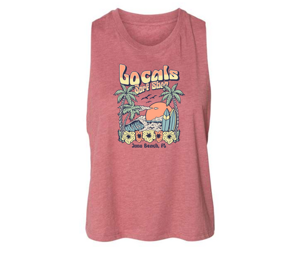 LOCALS WOMENS FLORAL PALMS CROPPED TANK HEATHERED MAUVE