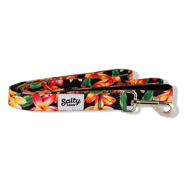 Hawaiian Print Dog Leash Tropical Black Floral  6' Length Neoprene Lined Handle